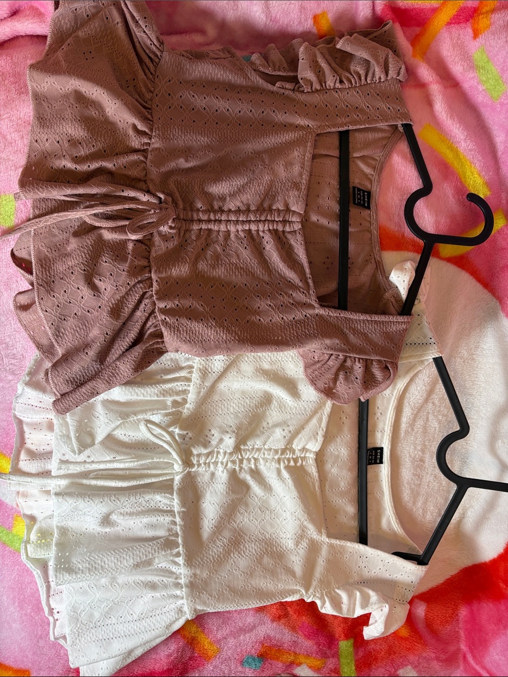 SHEIN Mauve and White Eyelet Ruffle Peplum Tops